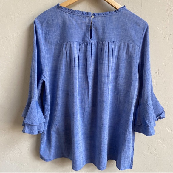 LOFT Blue Chambray White Embroidered 3/4 Sleeve Top - Picture 2 of 5